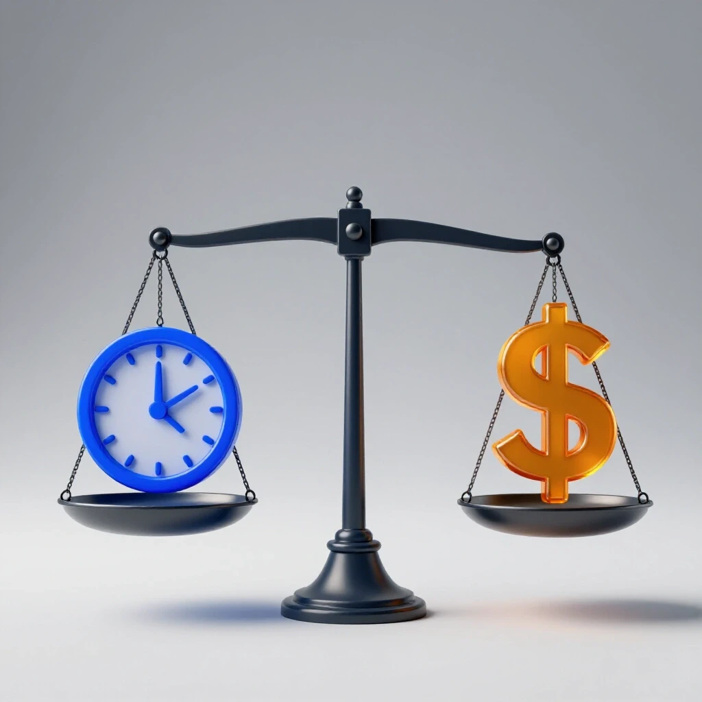 A balancing scale with a blue clock on one side and an amber dollar sign on the other, illustrating the concept of advertising costs and frequency.