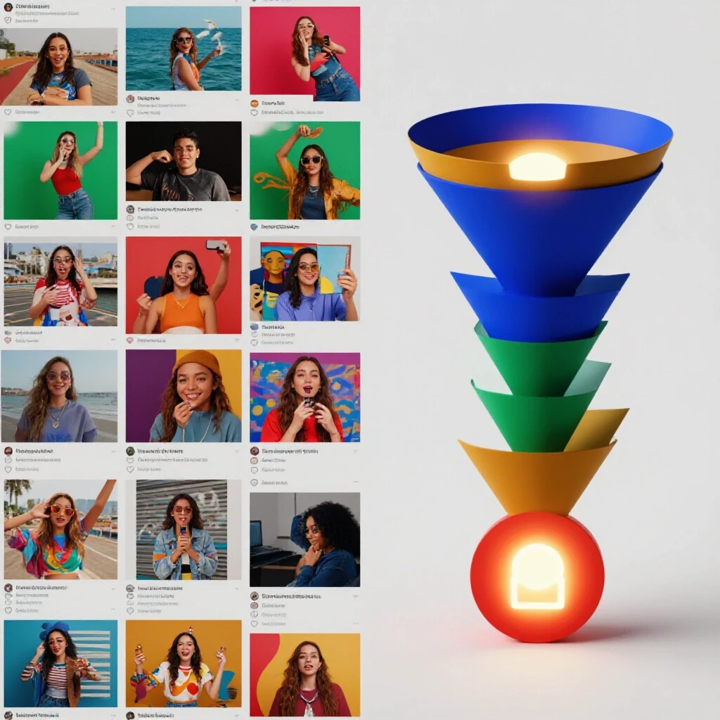 A visually striking split image displaying a colorful Instagram feed on one side and a lead funnel graphic on the other, symbolizing agency growth.