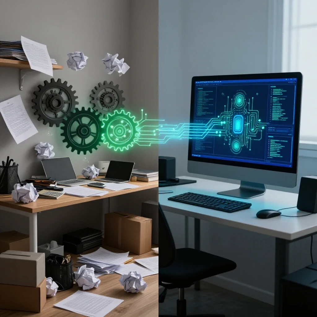 A split-screen image showcasing a chaotic workspace contrasted with an organized digital environment, symbolizing transformation through AI.