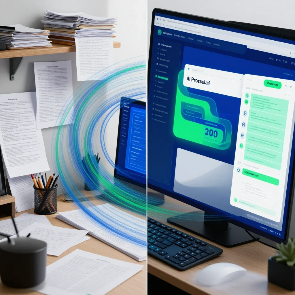 Illustration of a split-screen showing a cluttered workspace versus a sleek digital interface for AI drafting proposals.