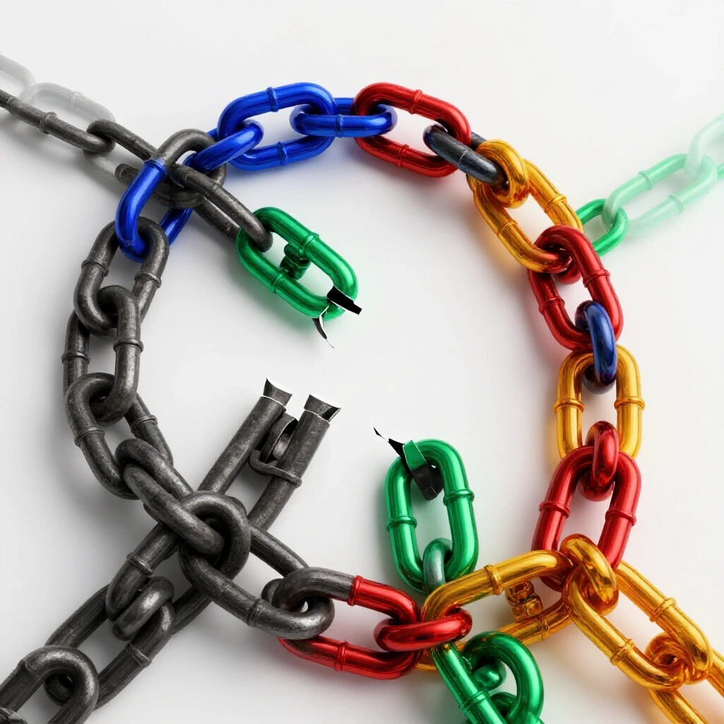 A vibrant, 3D-rendered image of a broken chain being mended with colorful links, symbolizing transformation in an ad campaign.