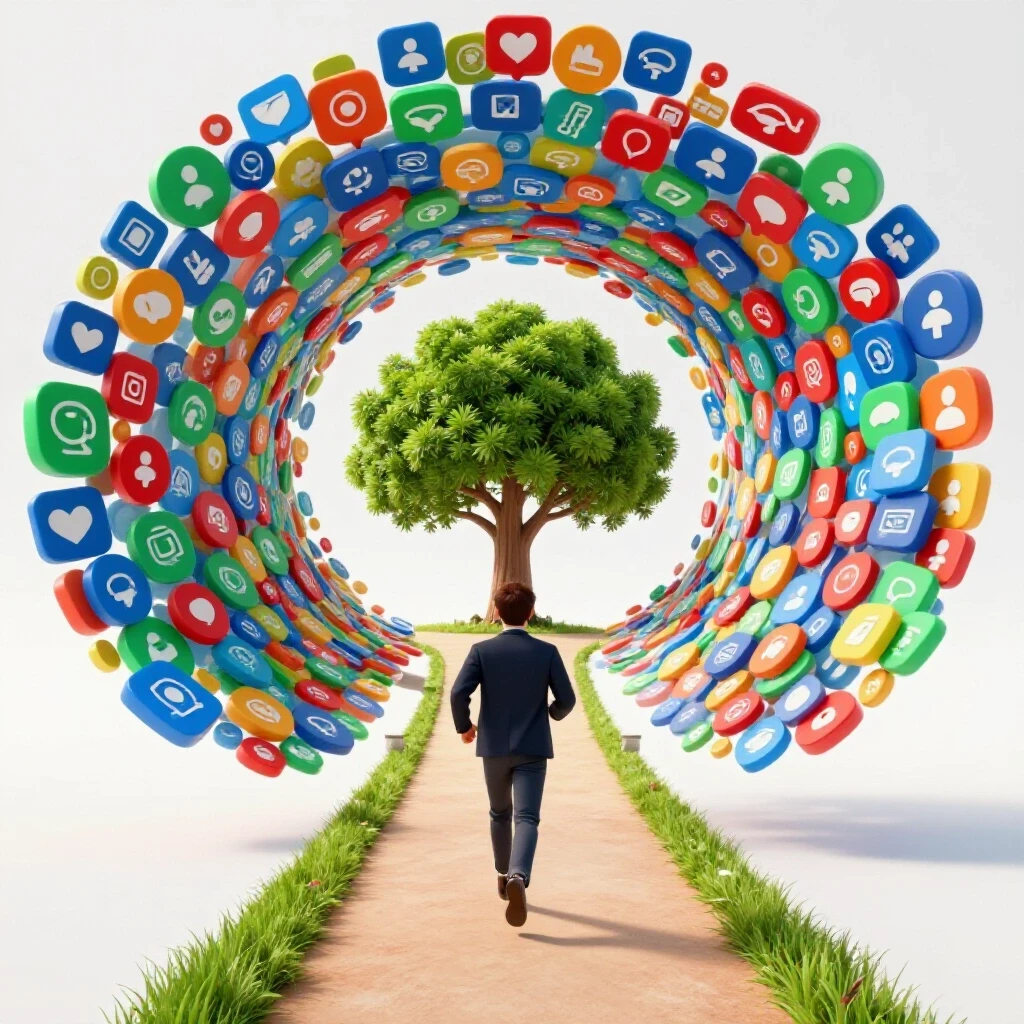 A figure running toward a colorful vortex of social media icons, with a calm path leading to a growing tree.