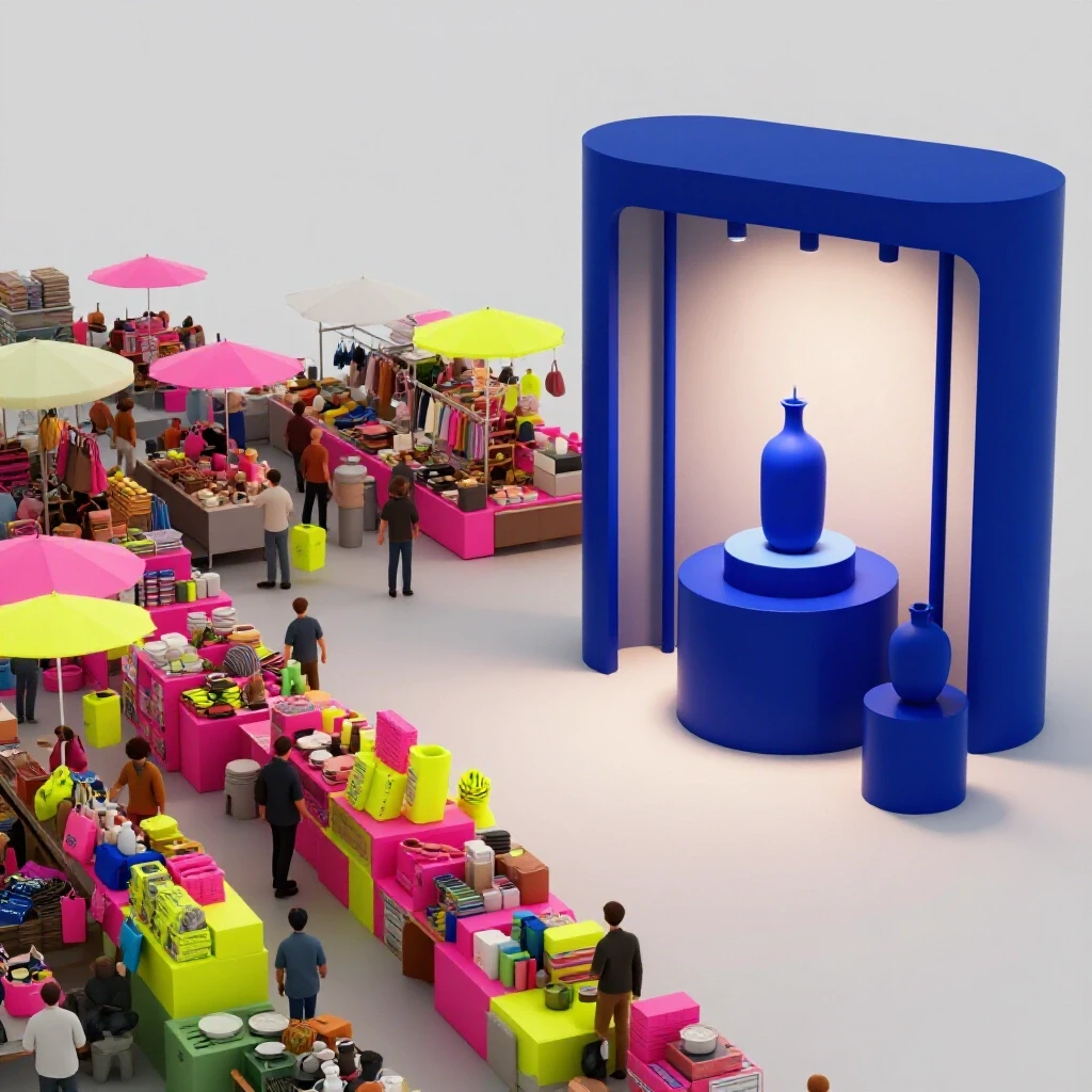 A split scene contrasting a chaotic marketplace filled with generic items and a calm boutique displaying a unique product, symbolizing niche selection.