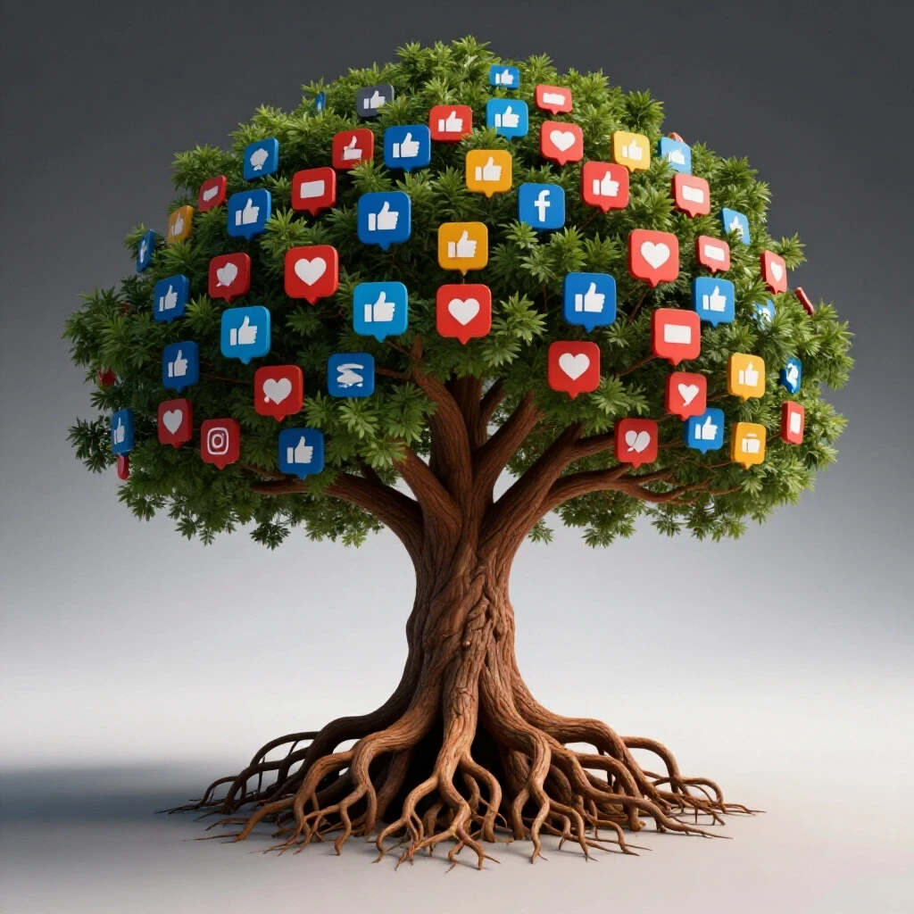 A vibrant tree with deep roots adorned with social media icons, set against a gradient background symbolizing growth.