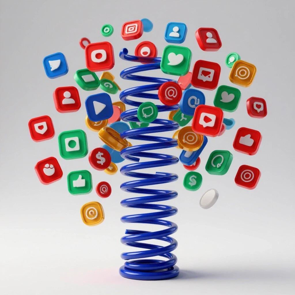 A dynamic 3D spring bursting with colorful social media icons, symbolizing unleashed potential and creativity.