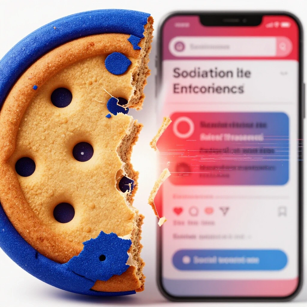 A shattered cookie on one side and a blurred social media ad interface on the other, illustrating the impact of cookie loss.