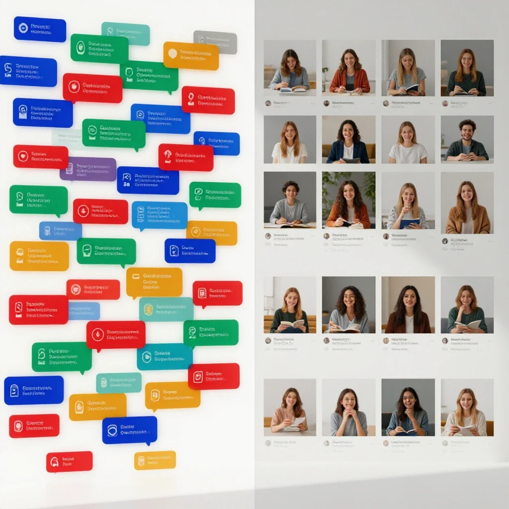 A split-image showing a cluttered digital inbox of social media ads alongside a serene minimalist social feed for contrast.