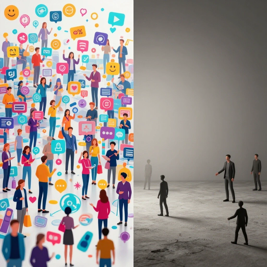 A vivid contrast between a thriving social media landscape and a desolate engagement environment, symbolizing hiring impacts.