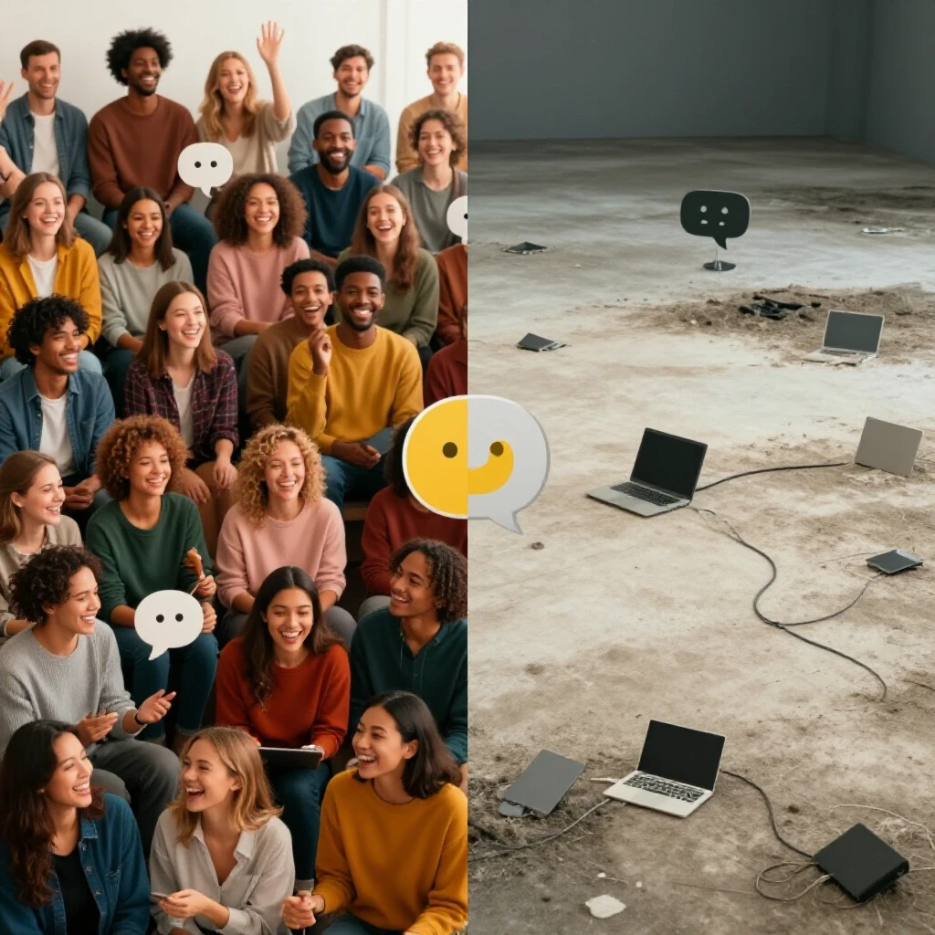 Visually contrasting split-screen depicting a positive social media community on one side and a neglected space on the other, showcasing comment sentiment impact.