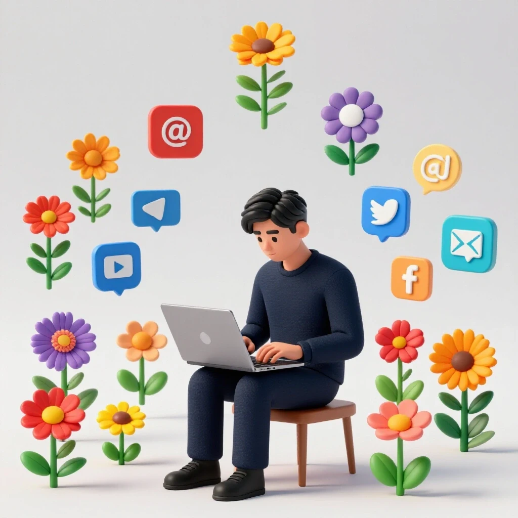 A calm figure at a laptop with social media icons blooming like flowers, symbolizing growth and connection.