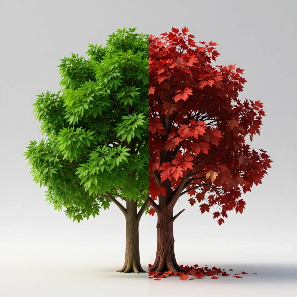 A split-screen image showcasing a healthy tree with vibrant green leaves on one side and a wilting tree with fallen leaves on the other.