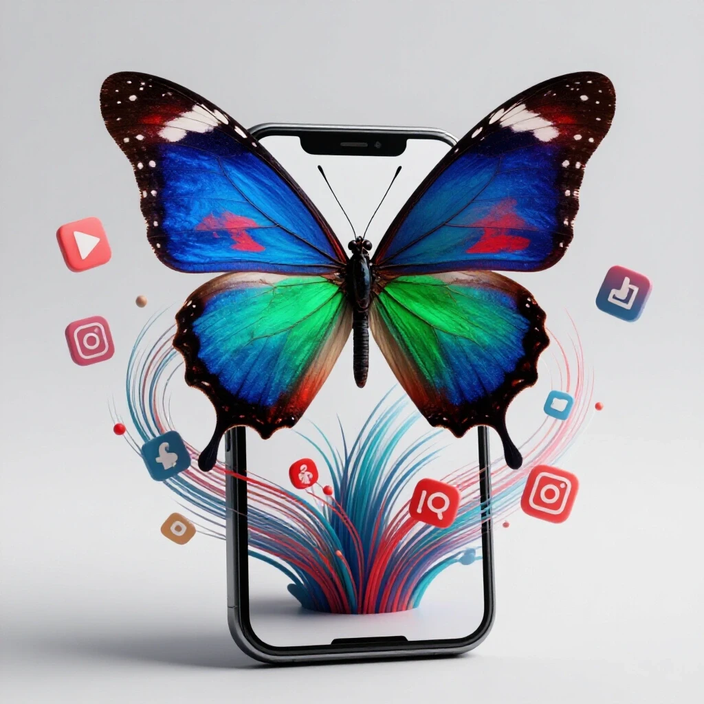 A vibrant butterfly emerging from a smartphone screen, symbolizing brand transformation with social media icons around it.
