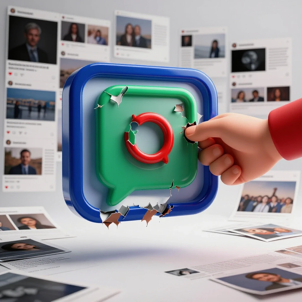 A giant hand fraying a social media icon with a cluttered post feed in a dim background and bright clear space.