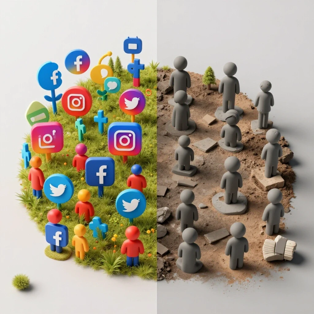 A split landscape showcasing a thriving social media ecosystem on one side and an outdated platform on the other with contrasting colors.