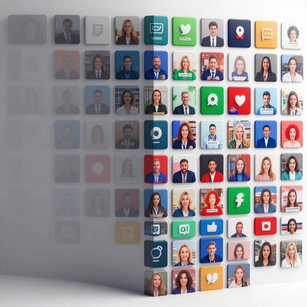 An illustration showing a social media feed transitioning from muted to vibrant posts, symbolizing engagement changes.