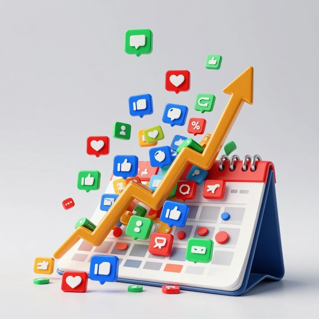 3D image of a colorful upward graph made of social media icons emerging from a content calendar, symbolizing growth in social media.