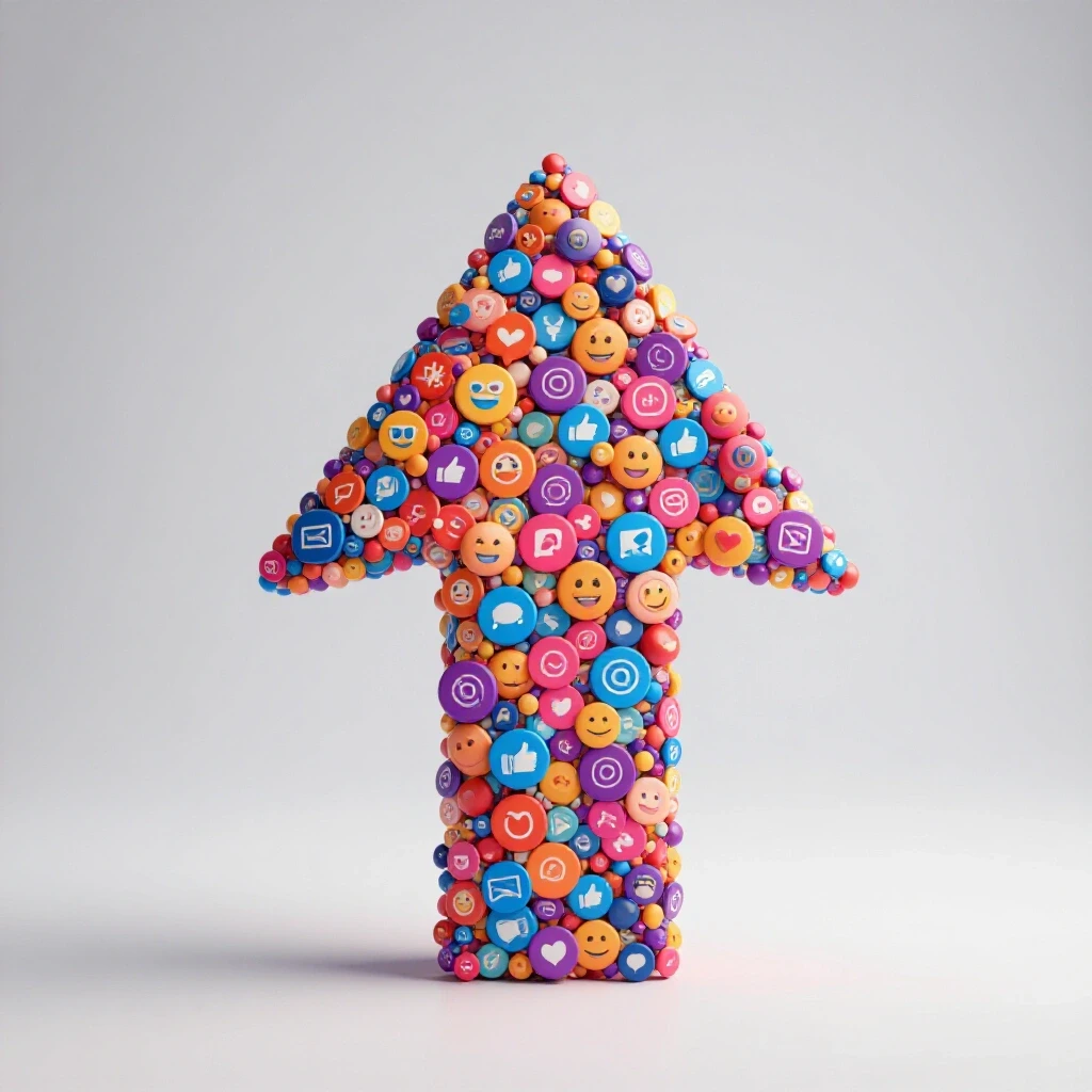 Vibrant upward arrow made of social media icons with smaller arrows showing engagement metrics on a light background.