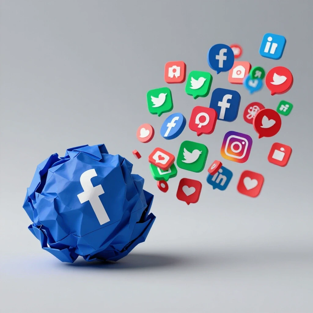 A crumpled paper ball symbolizing failure juxtaposed with vibrant social media icons representing growth and engagement.