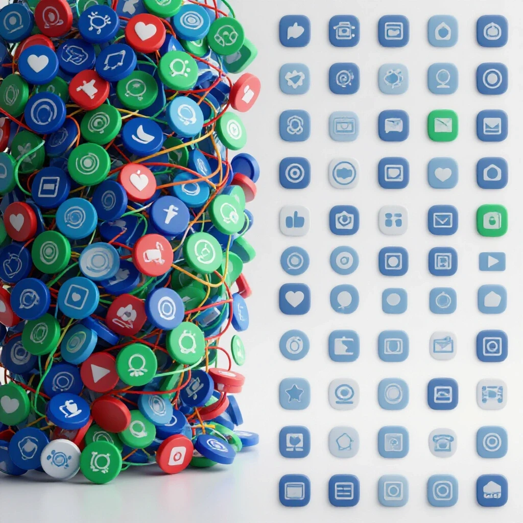 A vibrant representation of social media icons transitioning from chaotic to minimalist designs, symbolizing brand growth.