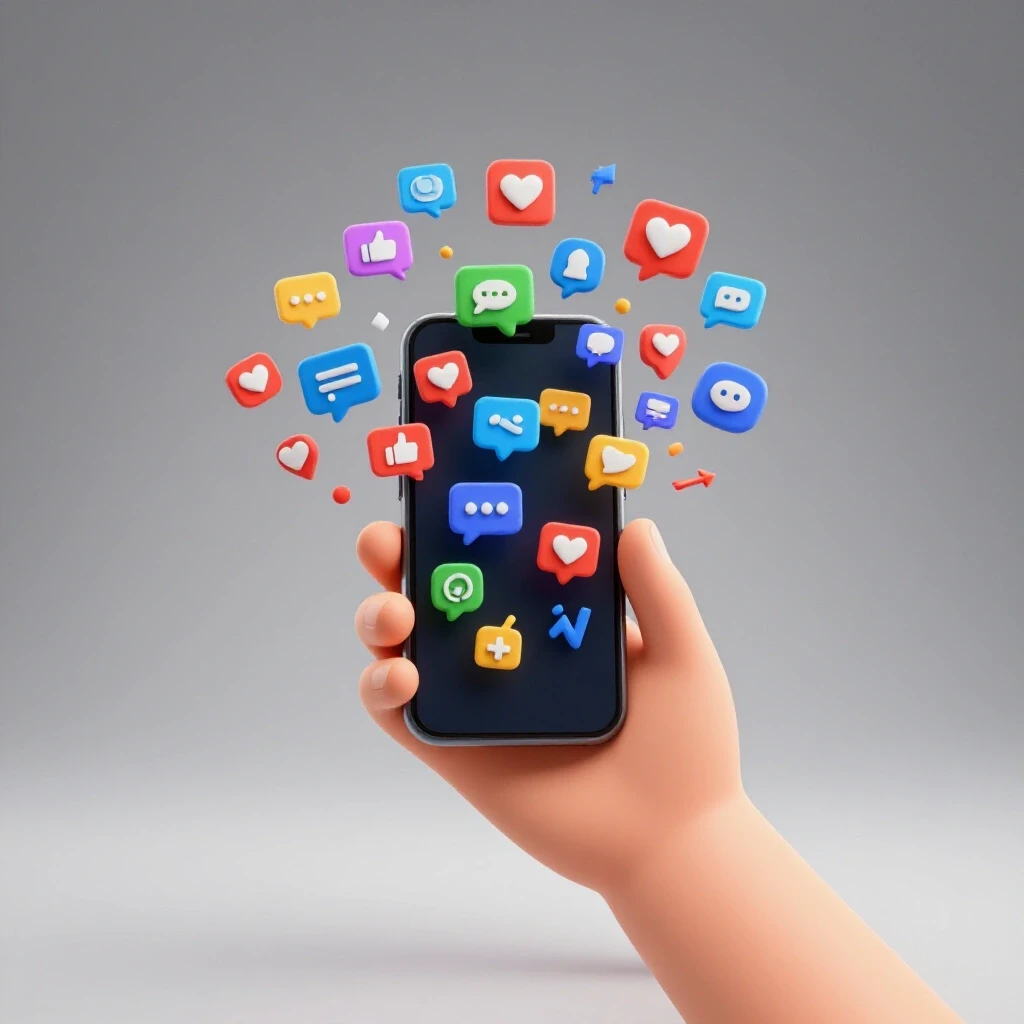 A hand holding a smartphone with colorful social media icons radiating outward, symbolizing engagement and growth.