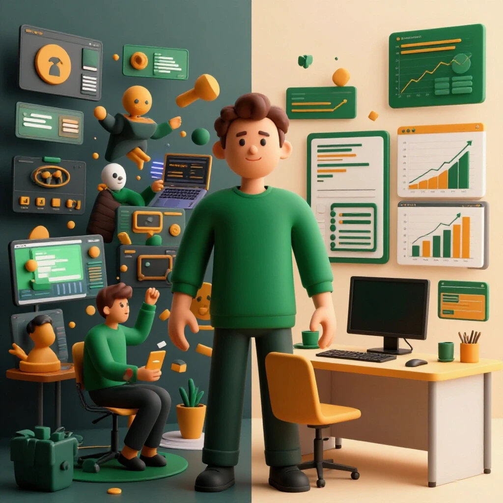 A split-screen image showing chaos in social media ads versus a streamlined workspace, symbolizing the impact of SOPs.