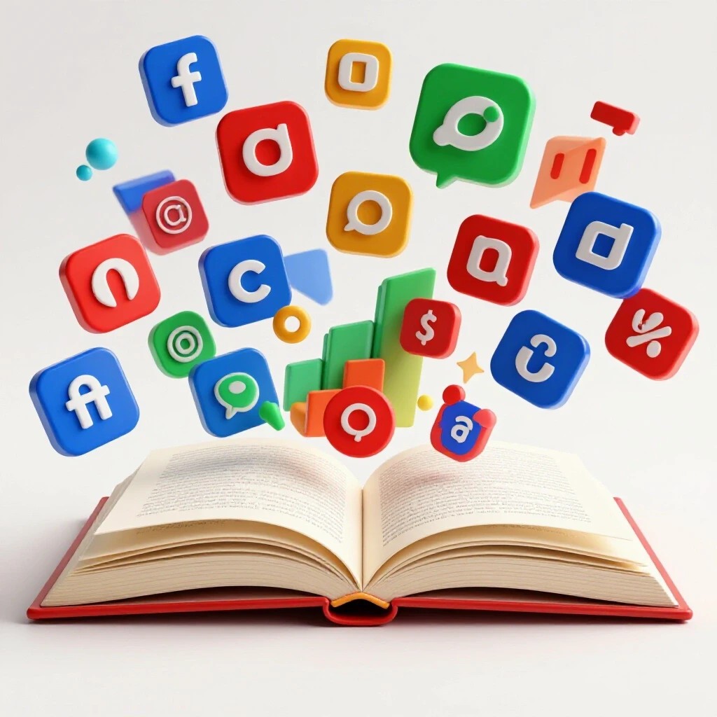 A large open book with colorful social media icons and graphs emerging from its pages, symbolizing storytelling impact on growth.
