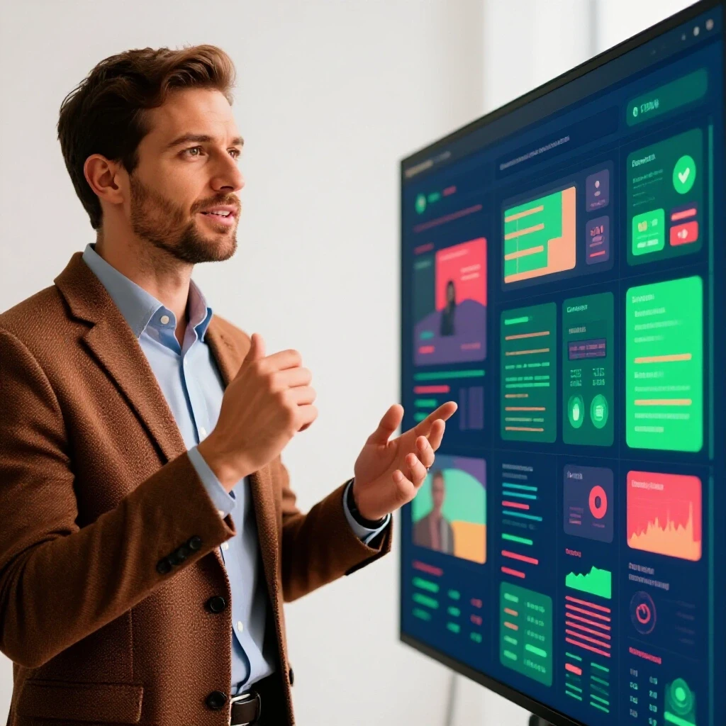 A split-image showing a confident leader speaking and a vibrant dashboard of social media ad metrics.