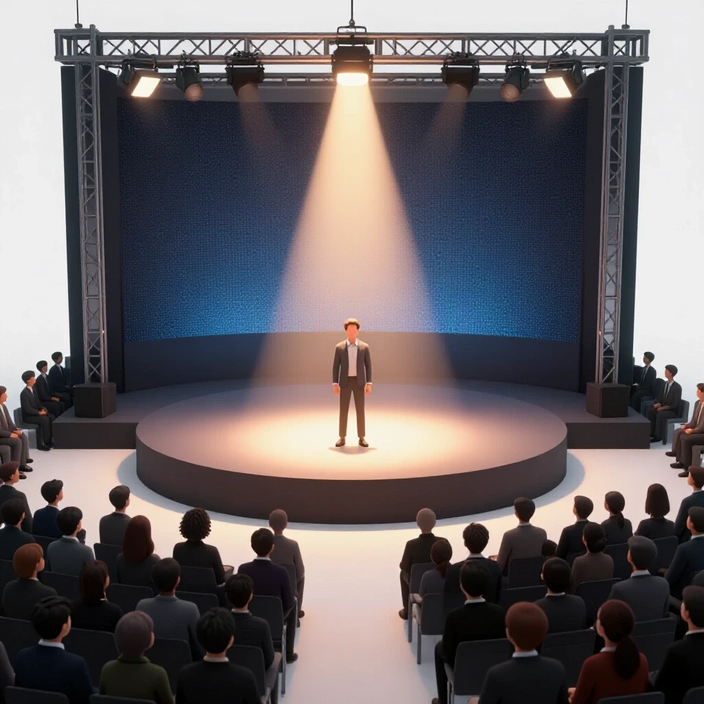 A confident figure stands in a spotlight on stage, surrounded by shadowy figures in the audience, symbolizing personal branding success.