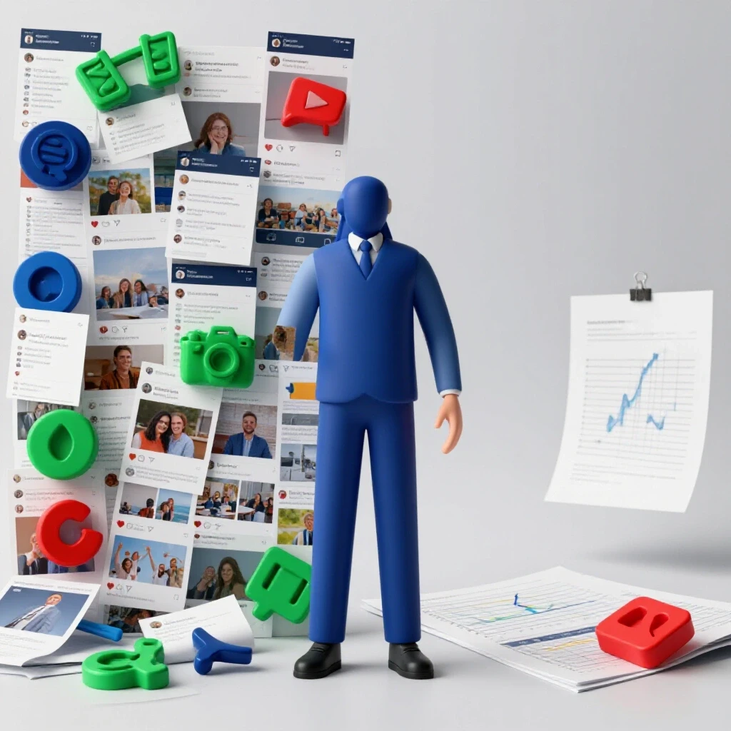 Visual representation of balancing chaotic social media feeds with organized academic research for effective campaigns.