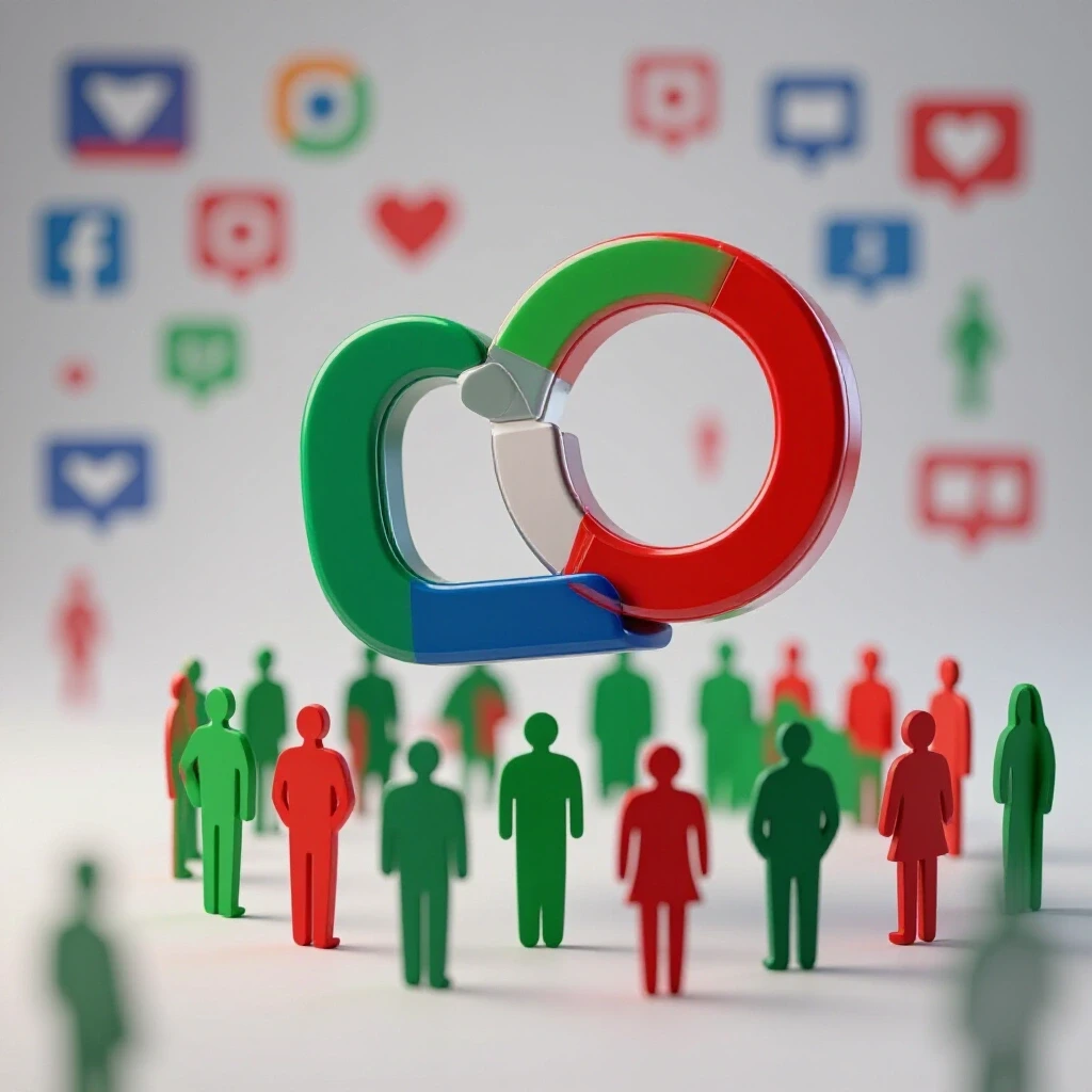 A glossy magnet attracting vibrant silhouettes of diverse people, with a blurred social media icons background.