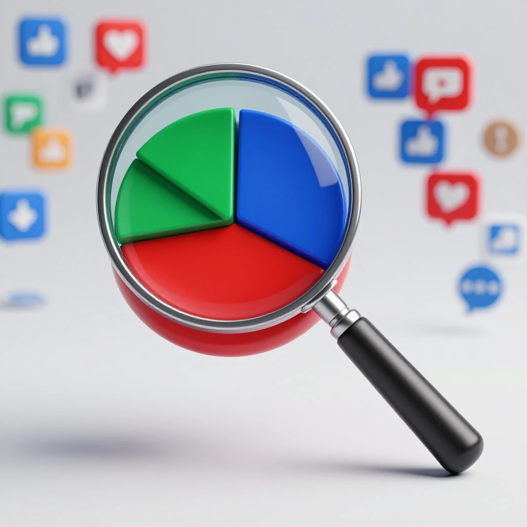 A magnifying glass over a colorful pie chart representing social media metrics, with blurred social media icons in the background.