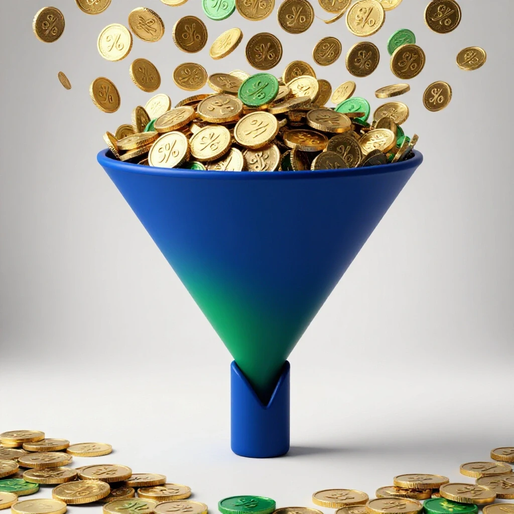 A dynamic 3D funnel graphic showing vibrant coins flowing into an empty space, symbolizing lost ROI potential.