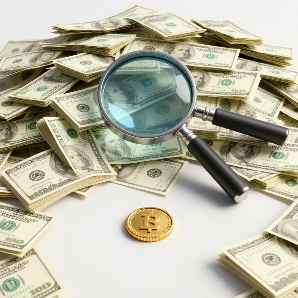 A magnifying glass focuses on a cluttered pile of dollar bills, revealing a shining gold coin symbolizing improved ROI.