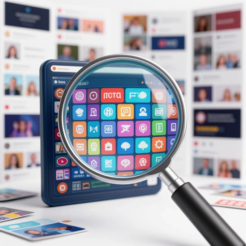 A vibrant digital dashboard highlighted by a magnifying glass, symbolizing social media audits against chaotic feeds.