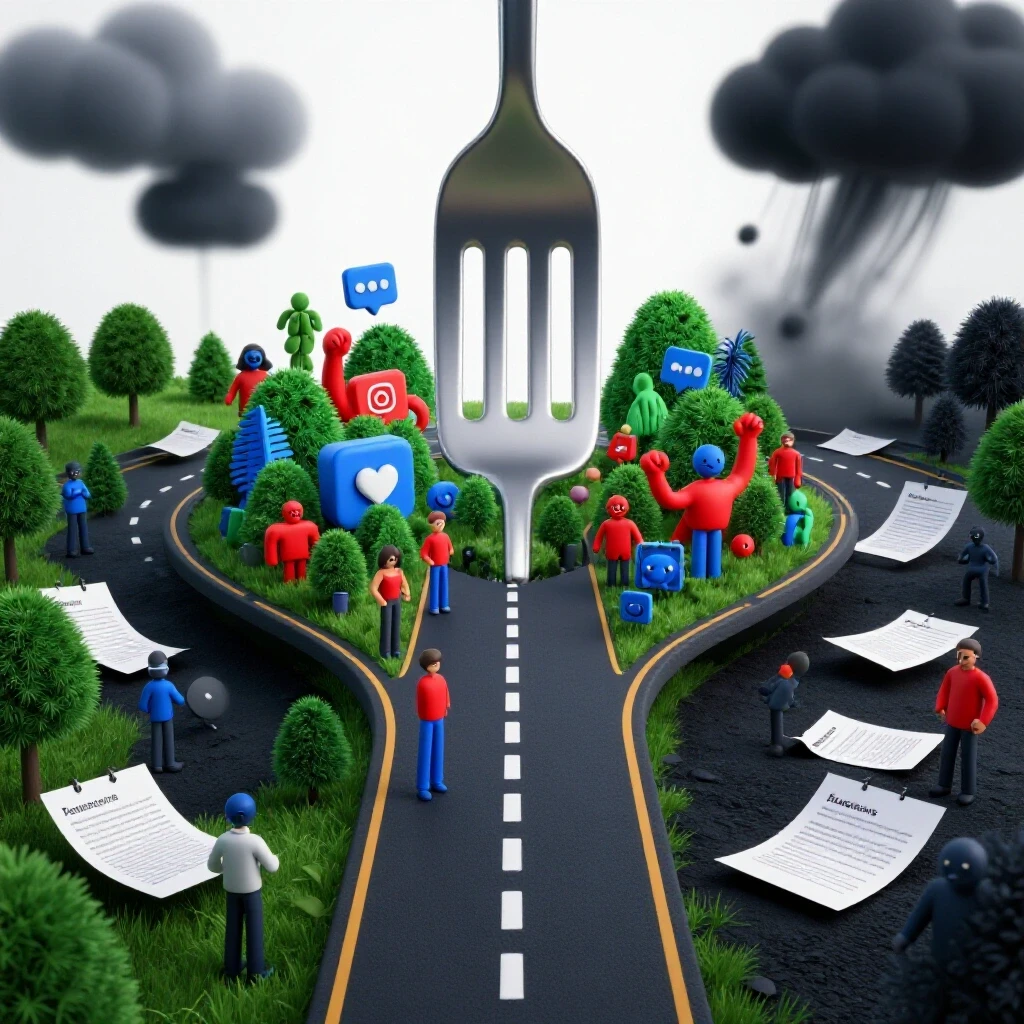 A metaphorical representation of choices in social media consultancy, showing a fork in the road with a positive and a negative path.