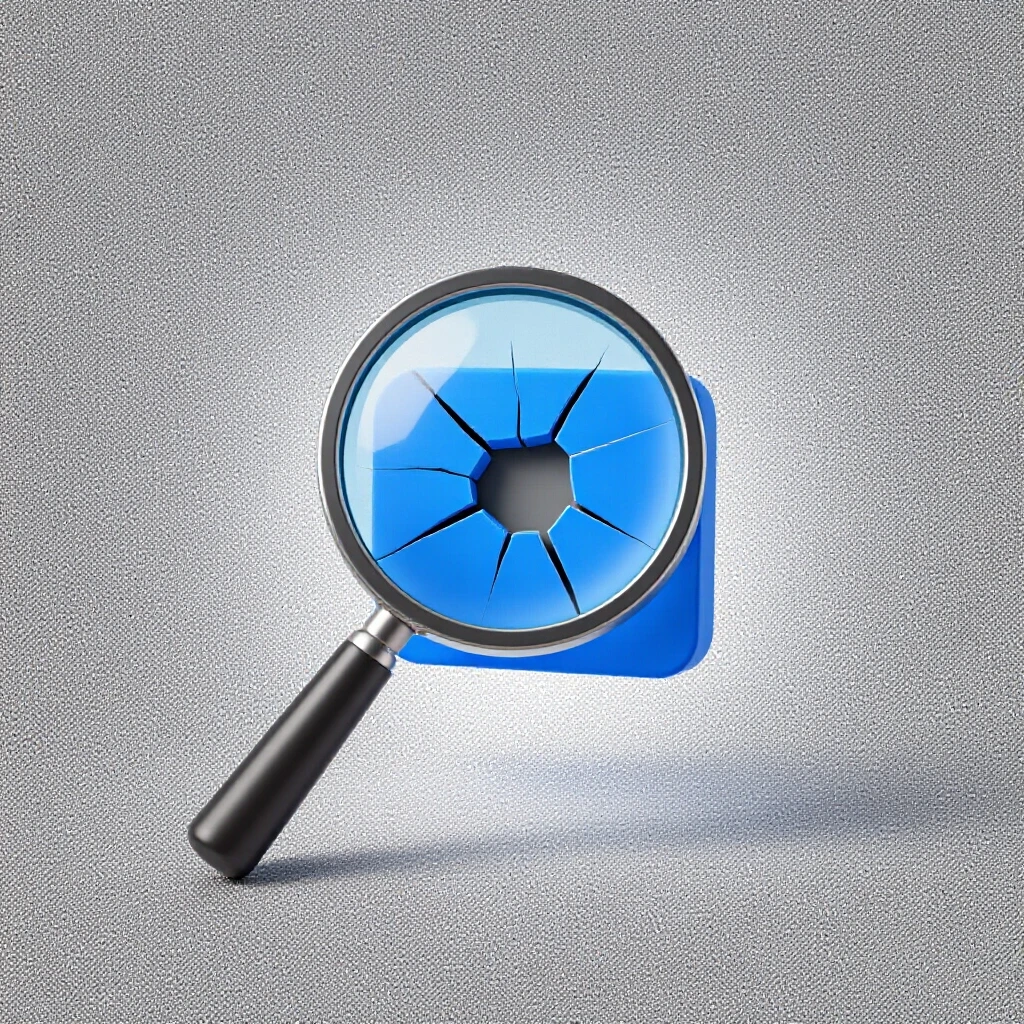 A magnifying glass hovering over a cracked blue social media icon, representing scrutiny in marketing strategies.