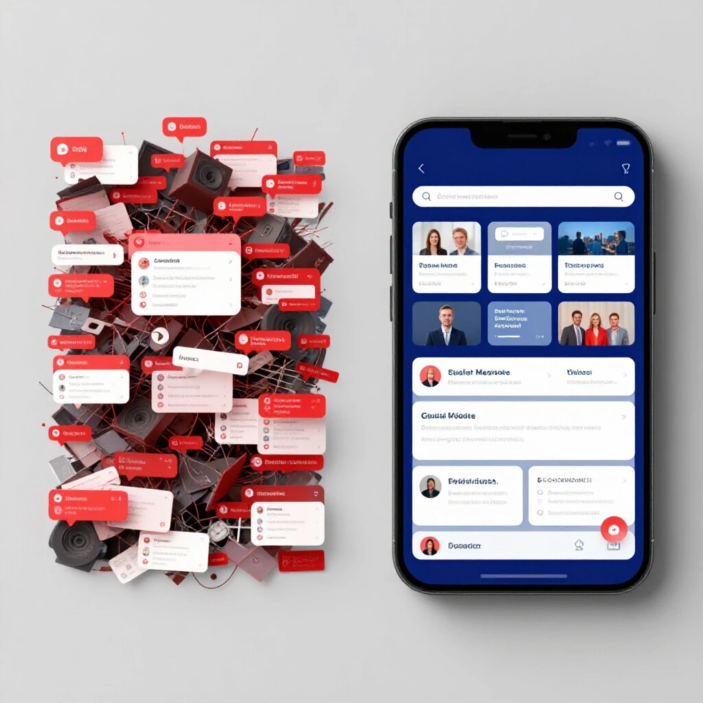 A split image showing a chaotic social media dashboard versus a clean, organized interface, illustrating consulting success.