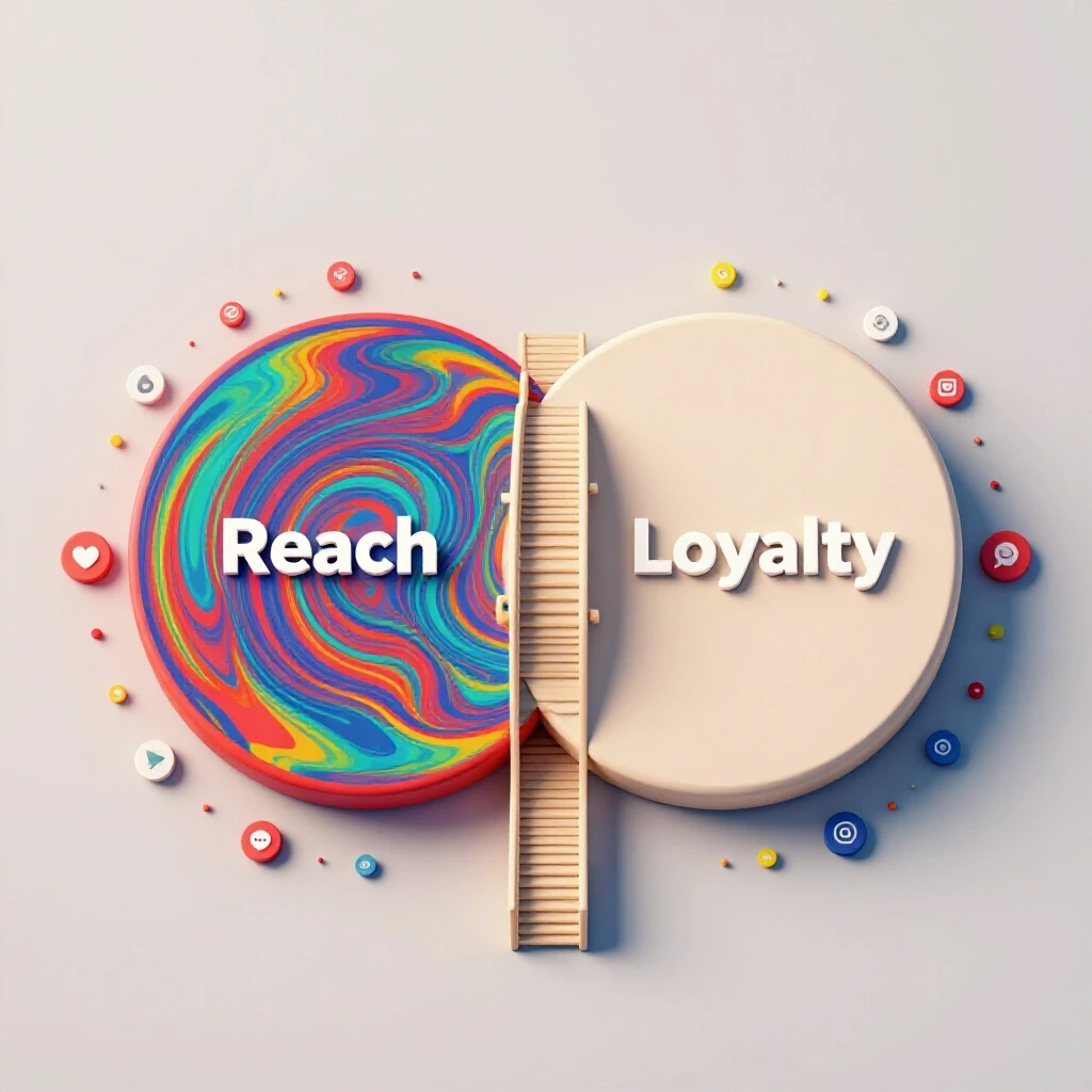 A dynamic 3D representation of two overlapping circles illustrating the concepts of Reach and Loyalty in social media.