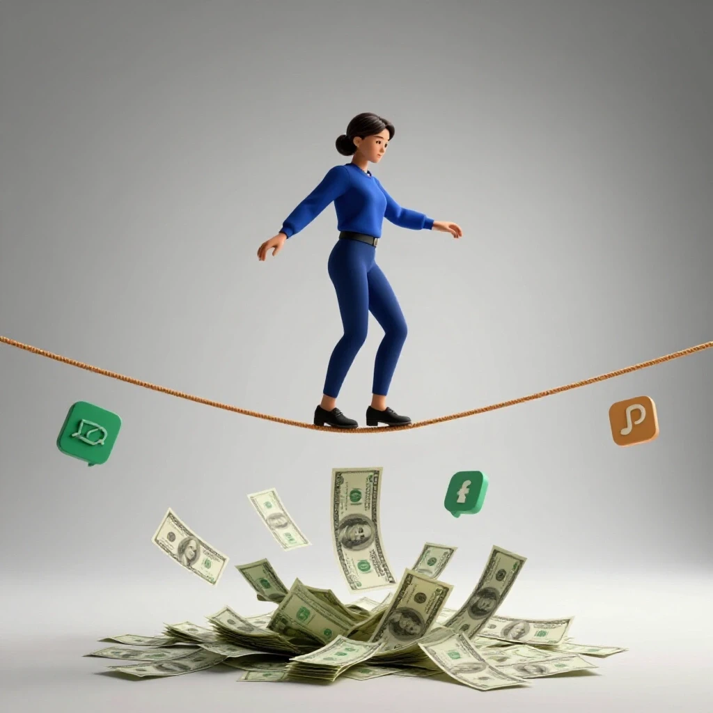 A tightrope walker balances on a line of social media icons with dollar bills dropping below, symbolizing high stakes.