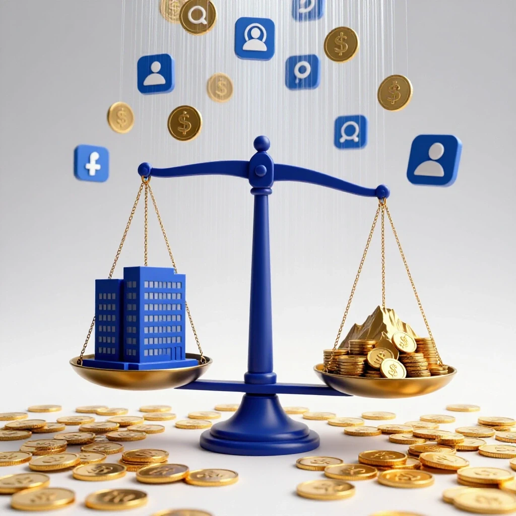 A balancing scale showing a social media agency against a mountain of gold coins with social media icons in the background.