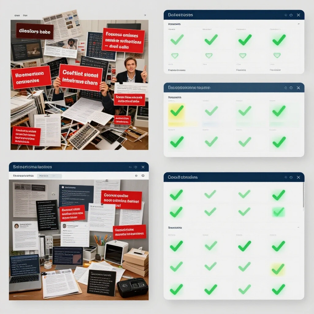 Visual comparison of a chaotic social media dashboard with warning signs and an organized dashboard with success metrics, highlighting social media campaign mistakes.