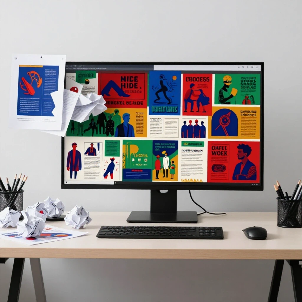 A split scene comparison of a cluttered workspace with failed ad designs and a clean desk displaying a successful digital ad campaign.