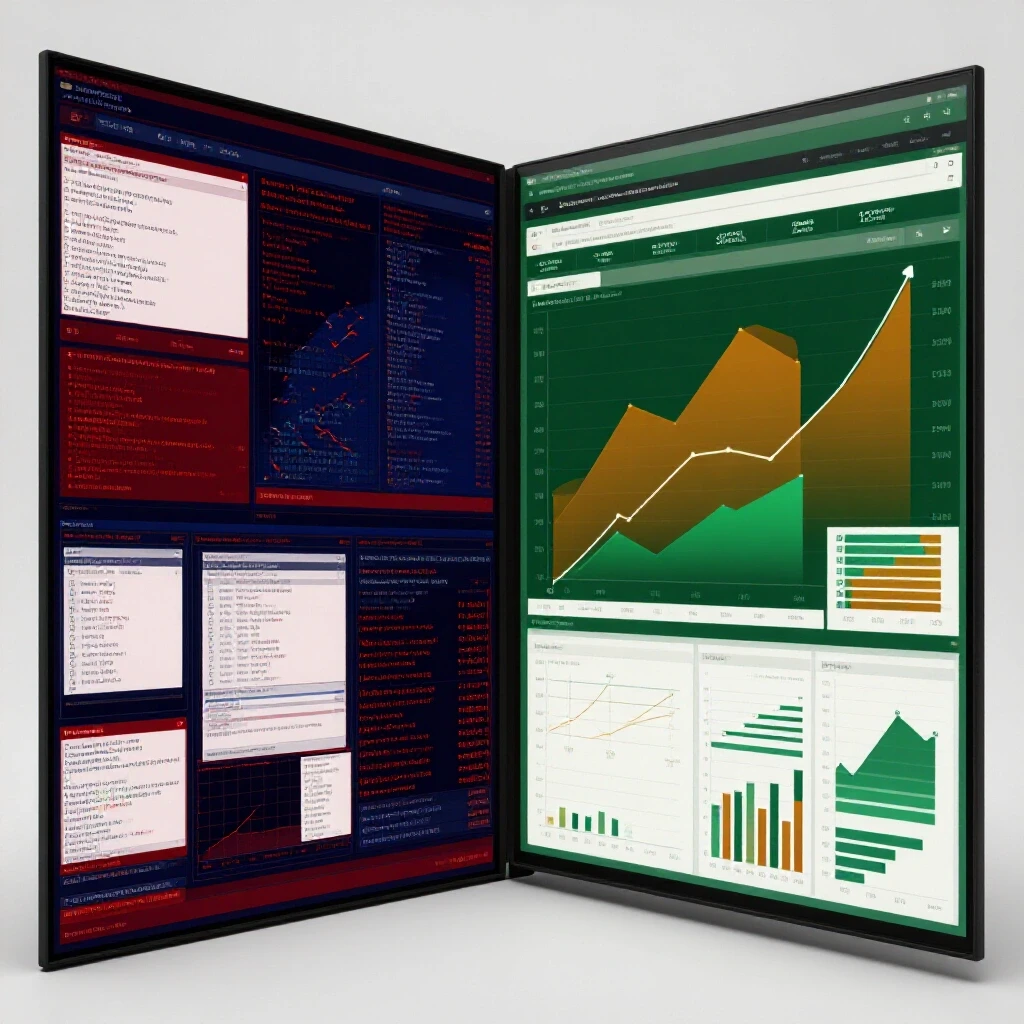 A split-screen image contrasting a chaotic dashboard with error messages and a sleek, organized dashboard showing success.