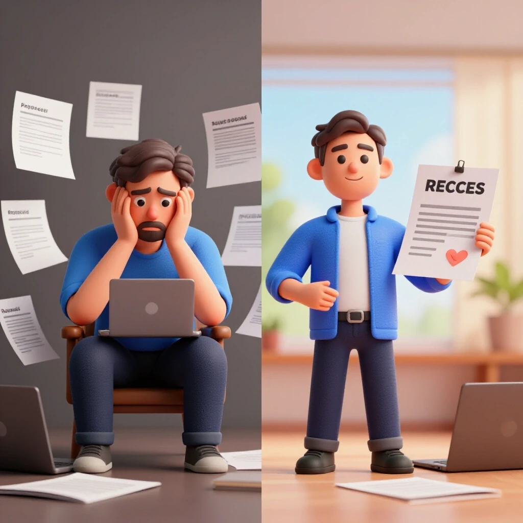 A split-screen image showing a frustrated freelancer with rejected proposals on one side and a confident freelancer presenting on the other, illustrating a transformation.