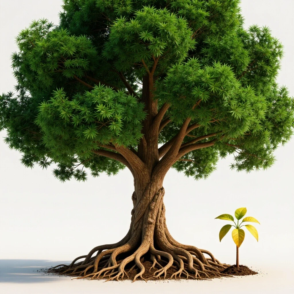 A vibrant tree with deep roots beside a small, wilted plant, symbolizing growth versus premature scaling in a bright studio setting.
