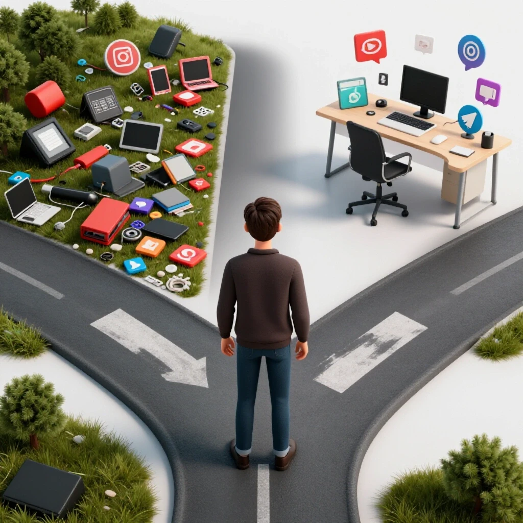 A visual representation of a crossroads with one side chaotic and cluttered social media tools and the other side organized with social media icons.