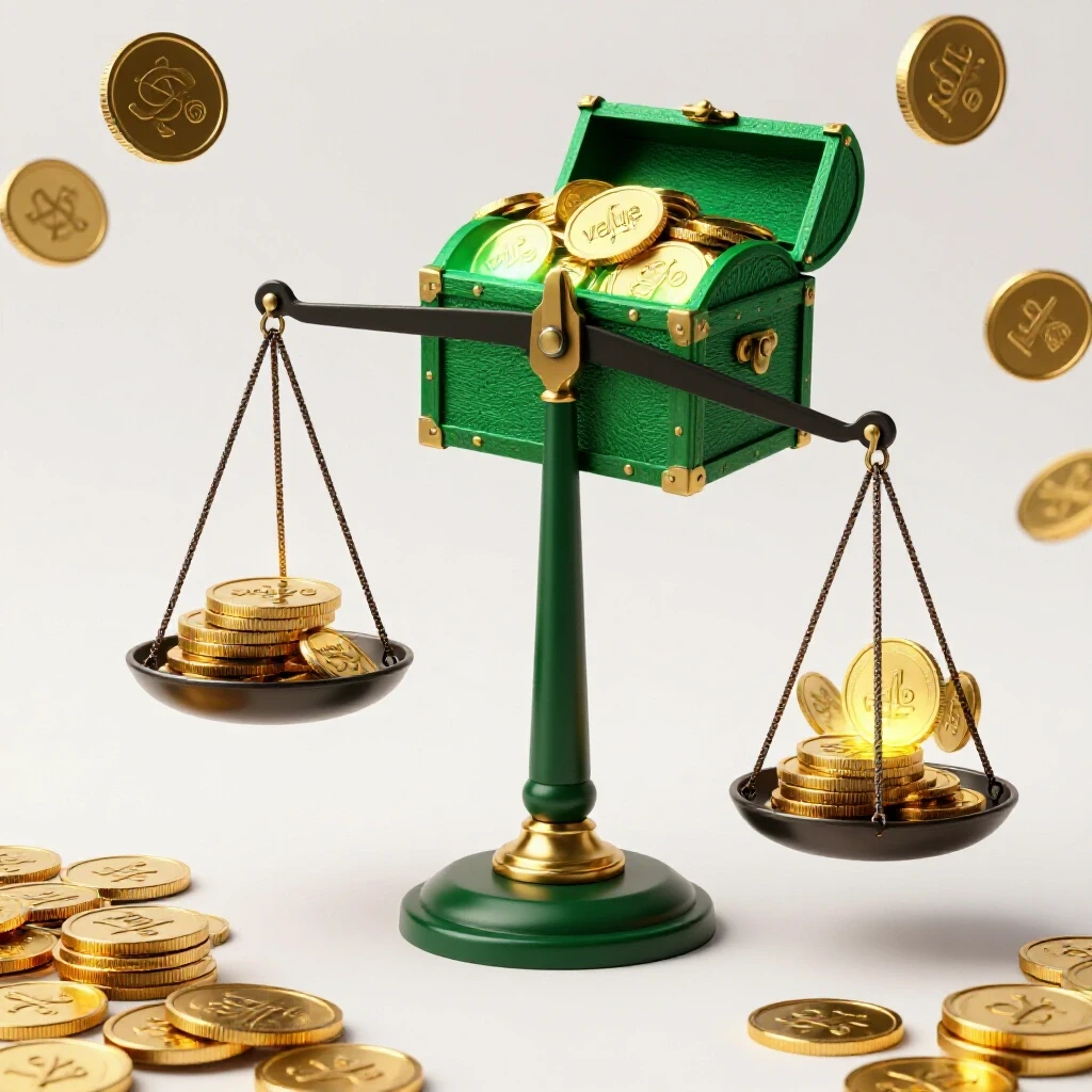 A scale displaying a pile of coins on one side and a glowing treasure chest on the other, symbolizing the value in social media pricing.