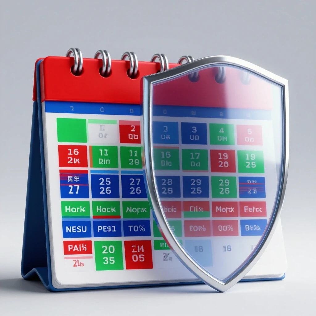A digital calendar with colorful blocks is protected by a giant, transparent shield, emphasizing security in social media planning.