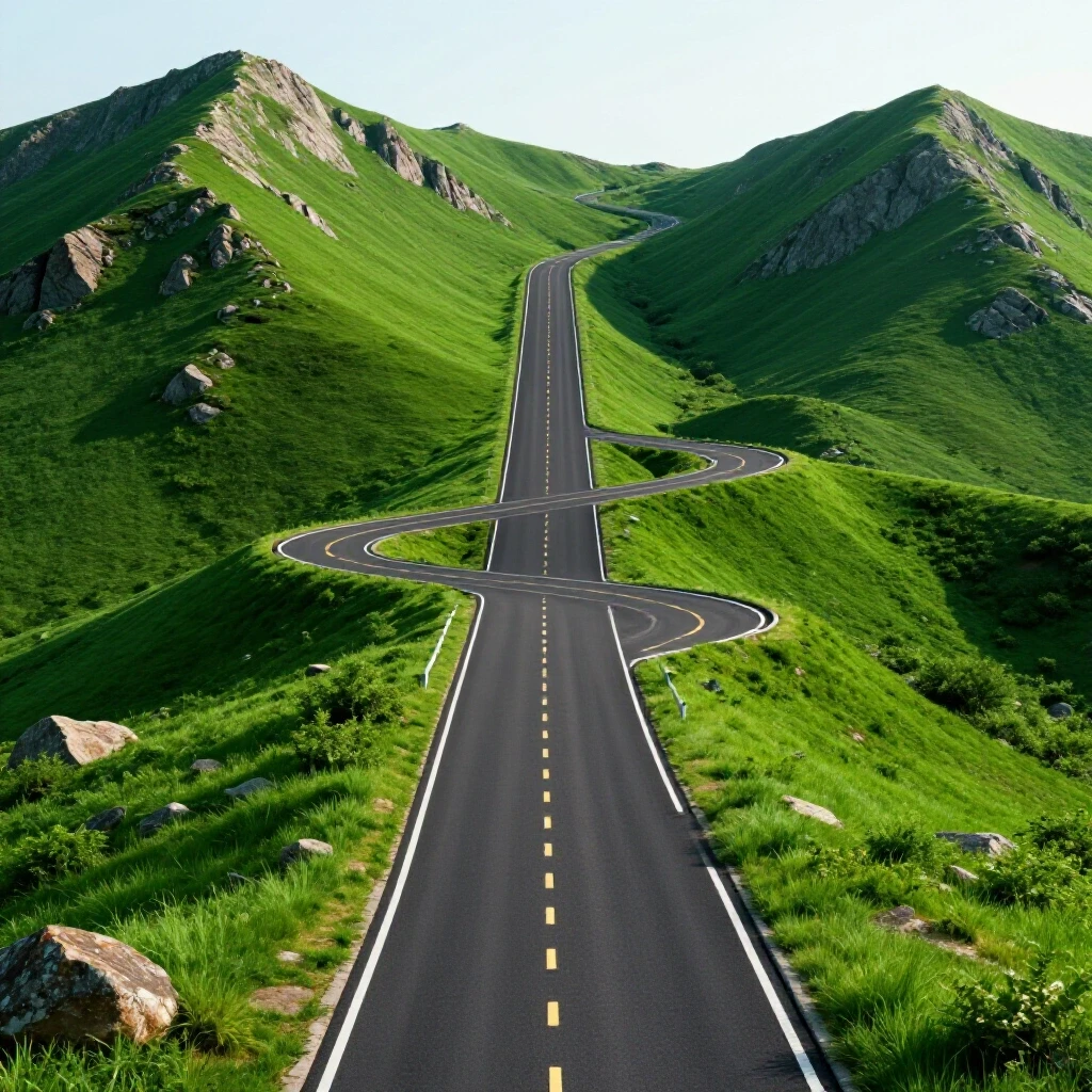 A vibrant winding road leads up a mountain, symbolizing the journey of improving sales processes for marketing consultants.