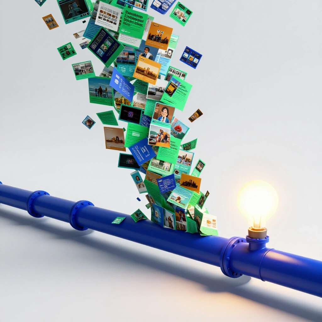 A vibrant 3D pipeline overflowing with digital content, leading to a bright light symbolizing lead generation.